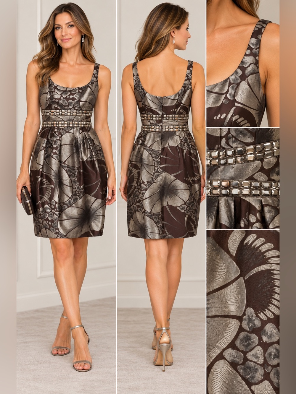 Carmen Marc Valvo Collection Jeweled Metallic Floral Cocktail Dress Size 6